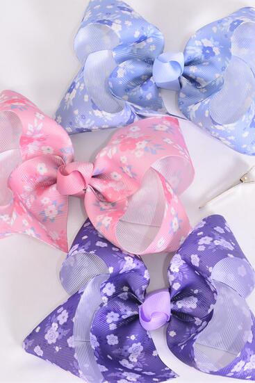 Hair Bow Jumbo Flower Mix Grosgrain Bow-tie / 12 pcs Bow = Dozen Alligator Clip , Size - 6" x 5" Wide , 4 of each Pattern , Clip Strip & UPC Code