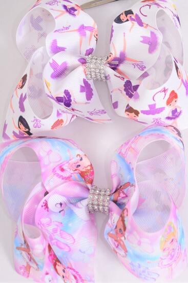 Hair Bow Jumbo Diverse Ballerina Center Clear Stones Grosgrain Bow-tie / 12 pcs Bow = Dozen Alligator Clip , Size - 6" x 5" Wide , 6 of each Pattern Asst , Clip Strip & UPC Code