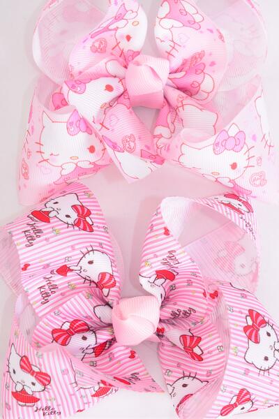Hair Bow Jumbo Cute Kitty Grosgrain Bow-tie / 12 pcs = Dozen  Alligator Clip , Size - 6" x 5" Wide , 6 Of Each Pattern Asst , Clip Strip & UPC Code
