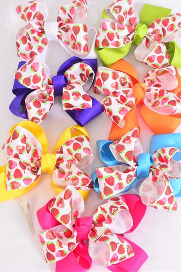 Hair Bow Jumbo Double Layered Strawberry Grosgrain Bow-tie Citrus / 12 pcs Bow = Dozen Alligator Clip , Size - 6" x 5" Wide , 2 White , 2 Fuchsia , 2 Purple , 2 Yellow, 2 Blue , 1 Lime , 1 Orange Color Asst , Clip Strip & UPC Code