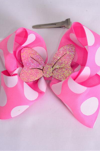Hair Bow Jumbo Mini Polka dot Large Glitter Bowtie Hot Pink Grosgrain Bow-tie /12 pcs Bow = Dozen Hot Pink , Alligator Clip , Size - 6" x 5" Wide , Clip Strip & UPC Code