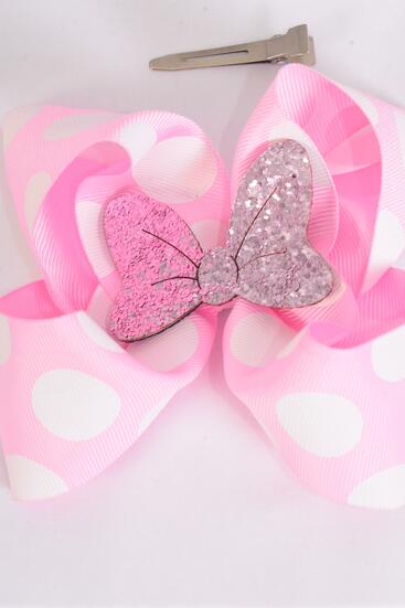 Hair Bow Jumbo Mini Polka dot Large Glitter Bowtie Baby Pink Grosgrain Bow-tie / 12 pcs Bow = Dozen Baby Pink , Alligator Clip , Size - 6" x 5" Wide , Clip Strip & UPC Code