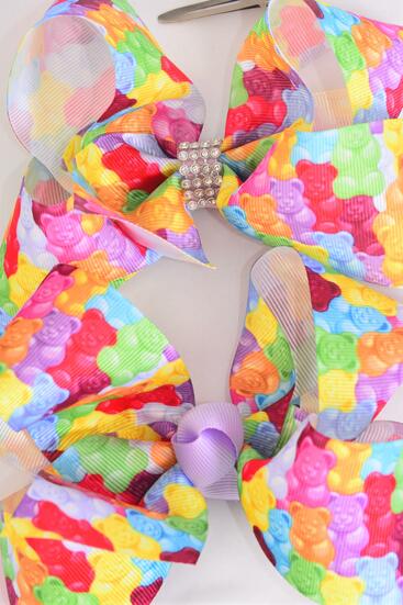 Hair Bow Jumbo Gummy Bear Grosgrain Bow-tie / 12 pcs Bow = Dozen Alligator Clip , Size - 6" x 5" Wide , Clip Strip & UPC Code