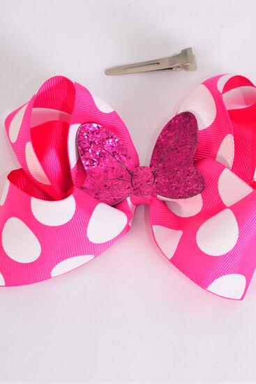 Hair Bow Jumbo Mini Polka dot Large Glitter Bowtie Fuchsia Grosgrain Bow-tie / 12 pcs Bow = Dozen Fuchsia , Alligator Clip ,  Size - 6" x 5" Wide , Clip Strip & UPC Code