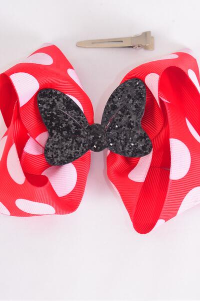 Hair Bow Jumbo Mini Polka dot Large Glitter Bow tie Red Grosgrain Bow-tie / 12 pcs Bow = Dozen Red , Alligator Clip , Size - 6" x 5" Wide , Clip Strip & UPC Code