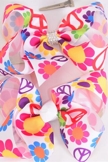 Hair Bow Jumbo Flower Power Peace Sign Mix Grosgrain Bow-tie / 12 pcs Bow = Dozen Alligator Clip, Size - 6" x 5" Wide , Clip Strip & UPC Code