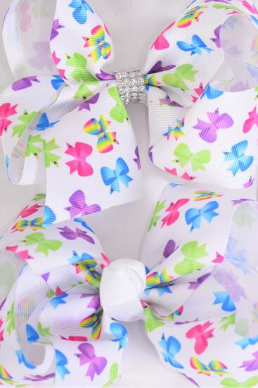 Hair Bow Jumbo Bowtie Print Grosgrain Bow-tie / 12 pcs Bow = DozenDozen Alligator Clip , Size - 6" x 5" Wide , 6 Of each Pattern Asst , Clip Strip & UPC Code