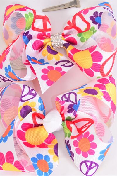 Hair Bow Jumbo Flower Power Peace Sign Mix Grosgrain Bow-tie / 12 pcs Bow = Dozen Alligator Clip , Size - 6" x 5" Wide , Clip Strip and UPC Code