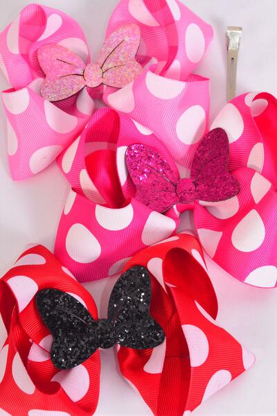 Hair Bow Jumbo Polka dot Large Glitter Bowtie Grosgrain Bow-tie / 12 pcs Bow = Dozen  Alligator Clip , Size - 6" x 5" Wide , 4 Red , 4 Fuchsia , 4 Hot Pink Color Asst , Clip Strip & UPC Code