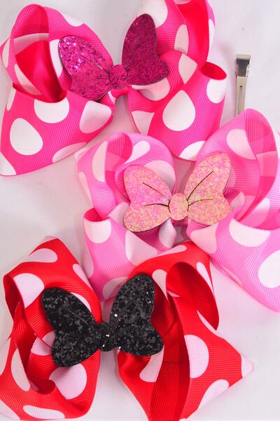Hair Bow Jumbo Polka dot Large Glitter Bowtie Grosgrain Bow-tie / 12 pcs Bow = Dozen  Alligator Clip , Size - 6" x 5" Wide , 4 Red , 4 Fuchsia , 4 Hot Pink Color Asst , Clip Strip & UPC Code