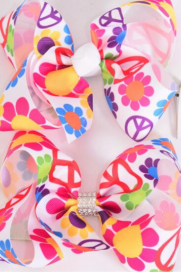 Hair Bow Jumbo Flower Power Peace Sign Mix Grosgrain Bow-tie / 12 pcs Bow = Dozen Alligator Clip , Size - 6" x 5" Wide , Clip Strip and UPC Code