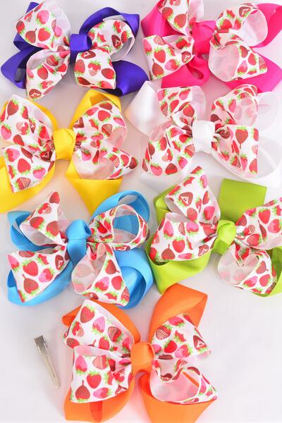 Hair Bow Jumbo Double Layered Strawberry Grosgrain Bow-tie Citrus / 12 pcs Bow = Dozen Alligator Clip , Size - 6" x 5" Wide , 2 White , 2 Fuchsia , 2 Purple , 2 Yellow, 2 Blue , 1 Lime , 1 Orange Color Asst , Clip Strip & UPC Code