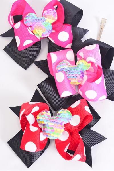 Hair Bow Jumbo Double Layered Center Sequin Mouse Ear Charm Polka dots Grosgrain Bow-tie / 12 pcs Bow = Dozen  Alligator Clip , Size - 6" x 5" Wide , 4 Of each Pattern Asst , Clip Strip & UPC Code