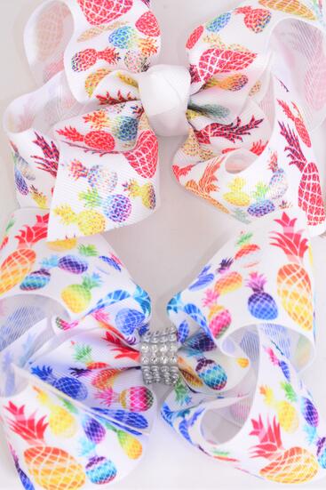 Hair Bow Jumbo Pineapple Mix Grosgrain Bow-tie / 12 pcs Bow = Dozen Pineapple , Alligator Clip , Size - 6" x 5" Wide , 4 of each Pattern Asst , Clip Strip and UPC Code