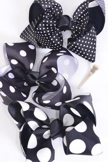 Hair Bow Jumbo Polka dots Black Pattern Mix Grosgrain Bow-tie / 12 pcs Bow = Dozen Black Mix , Alligator Clip , Bow - 6" x 5" Wide , 4 of each Pattern Asst , Clip Strip & UPC Code