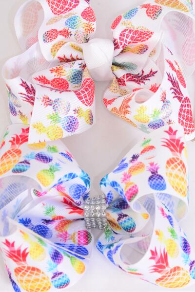 Hair Bow Jumbo Pineapple Mix Grosgrain Bow-tie / 12 pcs Bow = Dozen Pineapple , Alligator Clip , Size - 6" x 5" Wide , 4 of each Pattern Asst , Clip Strip and UPC Code
