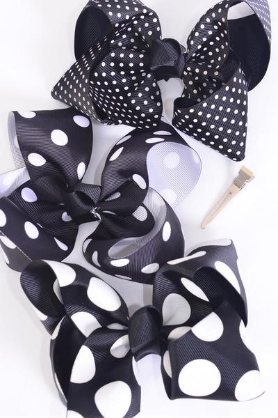 Hair Bow Jumbo Polka dots Black Pattern Mix Grosgrain Bow-tie / 12 pcs Bow = Dozen Black Mix , Alligator Clip , Bow - 6" x 5" Wide , 4 of each Pattern Asst , Clip Strip & UPC Code