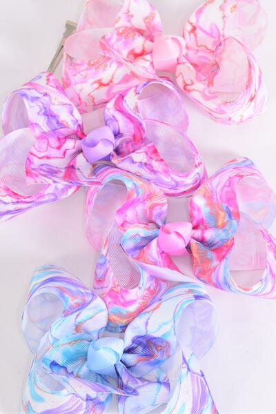 Hair Bow Jumbo Abstract Rainbow Tiedye Water Colors Grosgrain Bow-tie / 12 pcs Bow = Dozen  Alligator Clip , Size - 6" x 5" Wide , 3 Of Each Pattern Asst , Clip Strip & UPC Code