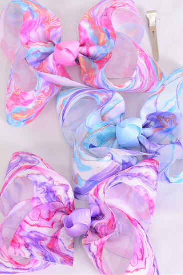 Hair Bow Jumbo Abstract Rainbow Tiedye Water Colors Grosgrain Bow-tie / 12 pcs Bow = Dozen  Alligator Clip , Size - 6" x 5" Wide , 3 Of Each Pattern Asst , Clip Strip & UPC Code