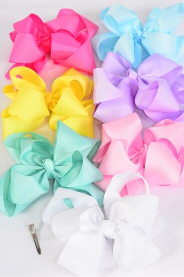 Hair Bow Jumbo Double Layered Pastel Grosgrain Bow-tie / 12 pcs Bow = Dozen  Alligator Clip , Size - 6" x 5" Wide , 2 White , 2 Pink , 2 Yellow , 2 Lavender , 2 Blue , 1 Peach , 1 Mint Mix , Clip Strip and UPC Code