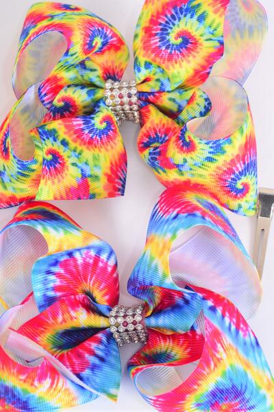 Hair Bow Jumbo Gradient Tiedye Grosgrain Bow-tie / 12 pcs Bow = Dozen Alligator Clip , Size - 6" x 5" Wide , 6 of each Pattern Asst , Clip Strip and UPC Code