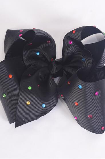 Hair Bow Jumbo Studded Color Stones Grosgrain Bow-tie Black / 12 pcs Bow = Dozen Black , Alligator Clip , Size - 6" x 5" Wide , Clip Strip & UPC Code