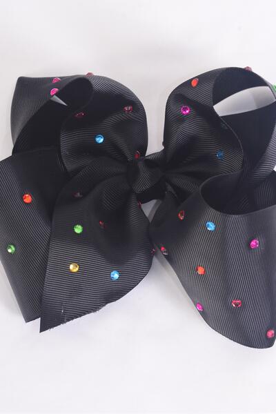Hair Bow Jumbo Studded Color Stones Grosgrain Bow-tie Black / 12 pcs Bow = Dozen Black , Alligator Clip , Size - 6" x 5" Wide , Clip Strip & UPC Code