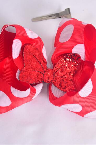 Hair Bow Jumbo Mini Polka dot Large Glitter Bowtie Red Grosgrain Bow-tie / 12 pcs Bow = Dozen Red , Alligator Clip , Size - 6" x 5" Wide , Clip Strip & UPC Code
