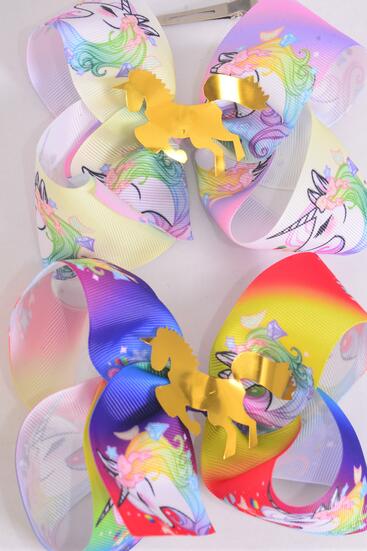 Hair Bow Jumbo Anime Cartoon Unicorn Gradient Gold Unicorn Charm Grosgrain Bow-tie / 12 pcs Bow = Dozen Unicorn , Alligator Clip , Size - 6" x 5", 6 of each Pattern Asst , Clip Strip & UPC Code
