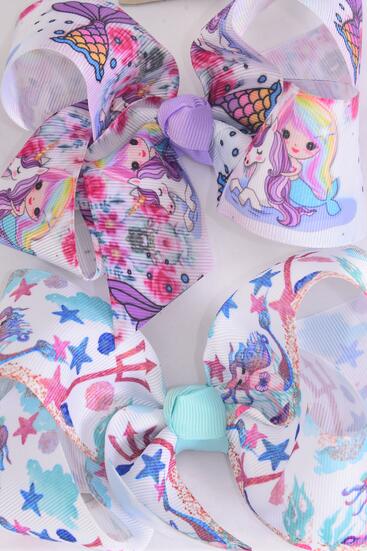 Hair Bow Jumbo Mermaid Grosgrain Bow-tie Pastel / 12 pcs Bow = Dozen Alligator Clip , Size - 6" x 5" Wide , 6 Of each Pattern Asst , Clip Strip & UPC Code