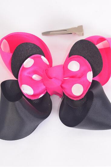 Hair Bow Jumbo Mouse Ear Double Layered Polka dot Grosgrain Bow-tie Fuchsia / 12 pcs Bow = Dozen Fuchsia , Alligator Clip , Size - 6" x 5" , Clip Strip & UPC Code