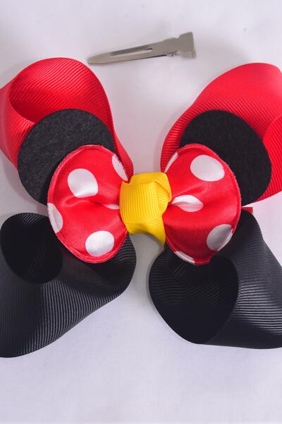 Hair Bow Jumbo Mouse Ear Double Layered Polka dot Grosgrain Bow-tie Red / 12 pcs Bow = Dozen Red , Alligator Clip , Size - 6" x 5" , Clip Strip & UPC Code