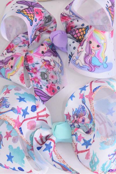 Hair Bow Jumbo Mermaid Grosgrain Bow-tie Pastel / 12 pcs Bow = Dozen Alligator Clip , Size - 6" x 5" Wide , 6 Of each Pattern Asst , Clip Strip & UPC Code