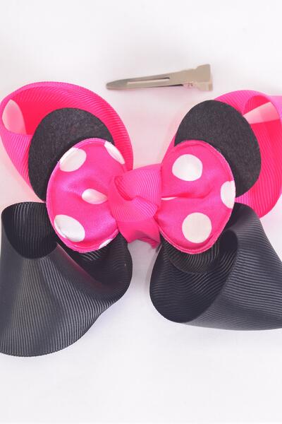 Hair Bow Jumbo Mouse Ear Double Layered Polka dot Grosgrain Bow-tie Fuchsia / 12 pcs Bow = Dozen Fuchsia , Alligator Clip , Size - 6" x 5" , Clip Strip & UPC Code