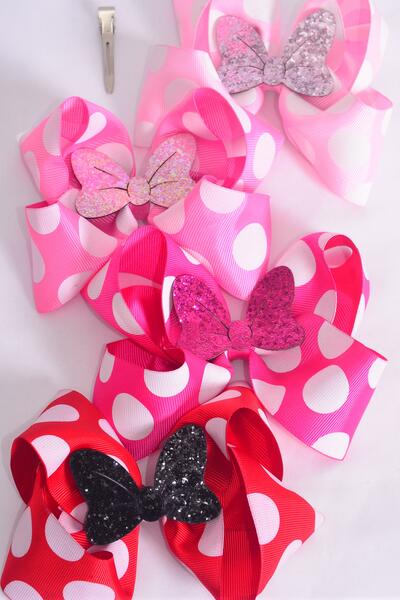 Hair Bow Jumbo Polka dot Large Glitter Bow tie Grosgrain Bow-tie / 12 pcs Bow = Dozen Alligator Clip , Size - 6" x 5" Wide , 3 Red , 3 Fuchsia , 3 Hot Pink , 3 Baby Pink Color Asst , Clip Strip & UPC Code