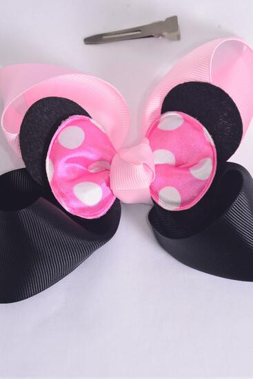 Hair Bow Jumbo Mouse Ear Double Layered Polka dot Grosgrain Bow-tie Pink / 12 pcs Bow = Dozen Pink , Alligator Clip , Size - 6" x 5" , Clip Strip & UPC Code