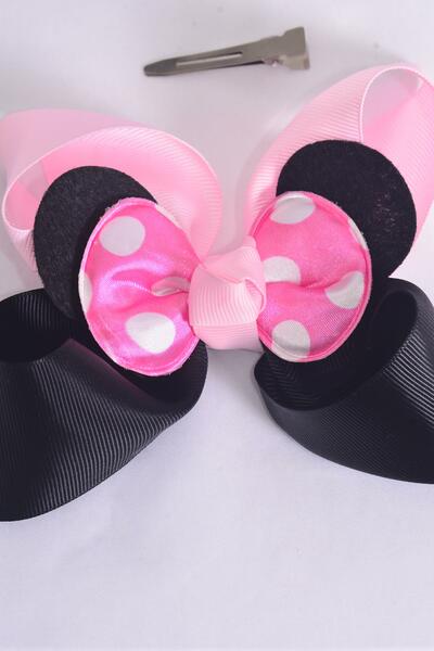 Hair Bow Jumbo Mouse Ear Double Layered Polka dot Grosgrain Bow-tie Pink / 12 pcs Bow = Dozen Pink , Alligator Clip , Size - 6" x 5" , Clip Strip & UPC Code