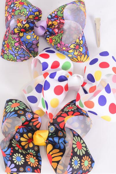 Hair Bow Jumbo Abstract Flower Power Polka dots Grosgrain Bow-tie / 12 pcs Bow = Dozen  Alligator Clip , Size - 6" x 5" Wide , 4 of each Pattern Asst , Clip Strip & UPC Code