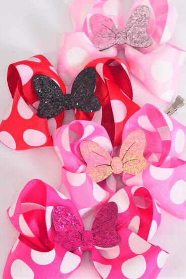 Hair Bow Jumbo Polka dot Large Glitter Bow tie Grosgrain Bow-tie / 12 pcs Bow = Dozen Alligator Clip , Size - 6" x 5" Wide , 3 Red , 3 Fuchsia , 3 Hot Pink , 3 Baby Pink Color Asst , Clip Strip & UPC Code
