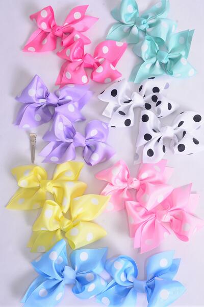 Hair Bow 24 pcs Polka-dots Pastel Grosgrain Bow-tie / 24 pcs Bow = Dozen  Alligator Clip , Size - 4" x 3" Wide , 2 White , 2 Pink , 2 Yellow , 2 Lavender , 2 Blue , 1 Hot Pink , 1 Mint Color Mix ,Clip Strip & UPC Code