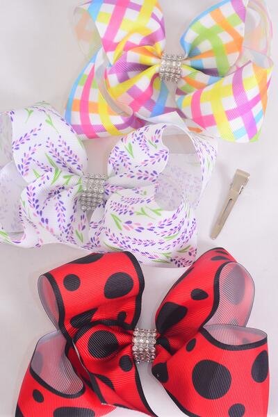 Hair Bow Jumbo Lavender Plaid Ladybug Mix Grosgrain Bow-tie / 12 pcs Bow = Dozen Alligator Clip , Size - 6" x 5" Wide , 4 Of Each Pattern Asst , Clip Strip & UPC Code