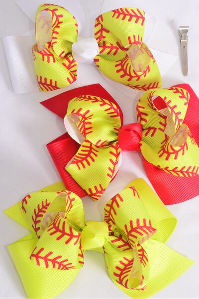 Hair Bow Jumbo Double Layered Softball Grosgrain Bow-tie /12 pcs Bow = Dozen  Alligator Clip , Size - 6" x 5" Wide , 4 Of each Pattern Asst , Clip Strip & UPC Code