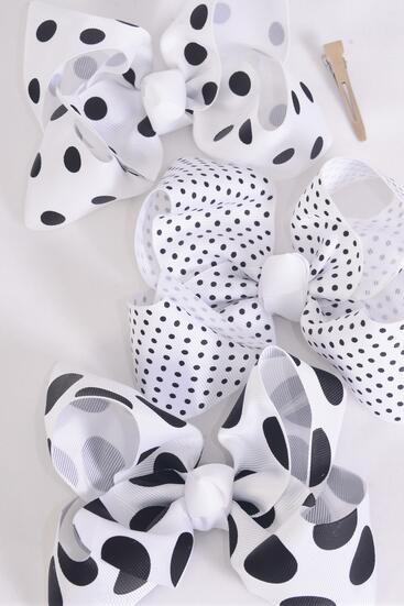 Hair Bow Jumbo Polka dot Mix White Grosgrain Bow-tie / 12 pcs Bow = Dozen White Mix , Alligator Clip , Size - 6" x 5" Wide , 4 of each Pattern Asst , Clip Strip & UPC Code