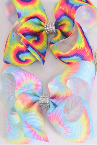 Hair Bow Jumbo Tiedye Grosgrain Bow-tie / 12 pcs Bow = Dozen   Alligator Clip , Size - 6" x 5" Wide , 6 Of Each Pattern Asst , Clip Strip & UPC Code