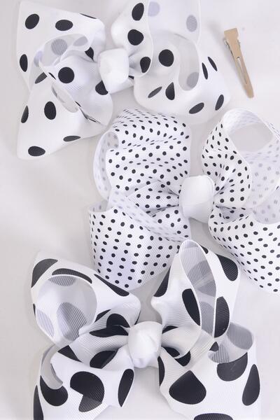 Hair Bow Jumbo Polka dot Mix White Grosgrain Bow-tie / 12 pcs Bow = Dozen White Mix , Alligator Clip , Size - 6" x 5" Wide , 4 of each Pattern Asst , Clip Strip & UPC Code