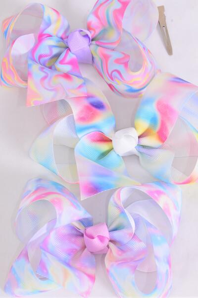 Hair Bow Jumbo Northern Light Tiedye Water Color Grosgrain Bow-tie / 12 pcs Bow = Dozen Alligator Clip , Size - 6" x 5" Wide , 4 OF Each Pattern Asst , Clip Strip and UPC Code