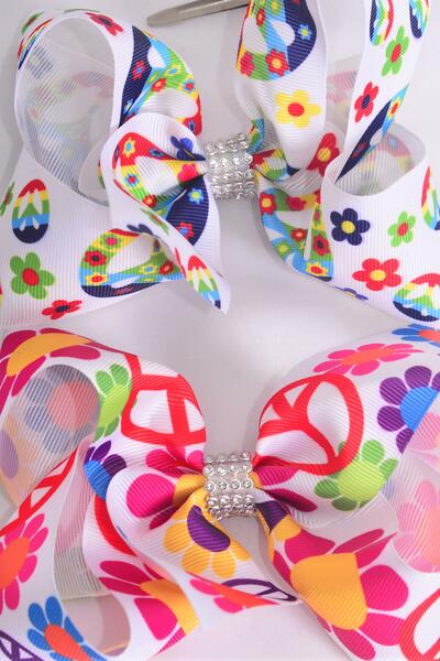Hair Bow Jumbo Flower Power Peace Sign Mix Grosgrain Bow-tie / 12 pcs Bow = Dozen Alligator Clip , Size - 6" x 5" Wide , 6 Of each Pattern Asst , Clip Strip & UPC Code