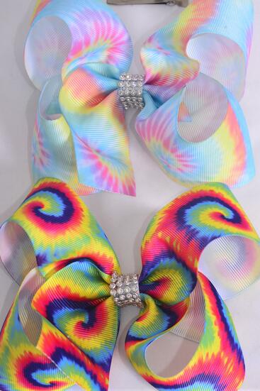 Hair Bow Jumbo Tiedye Grosgrain Bow-tie / 12 pcs Bow = Dozen   Alligator Clip , Size - 6" x 5" Wide , 6 Of Each Pattern Asst , Clip Strip & UPC Code