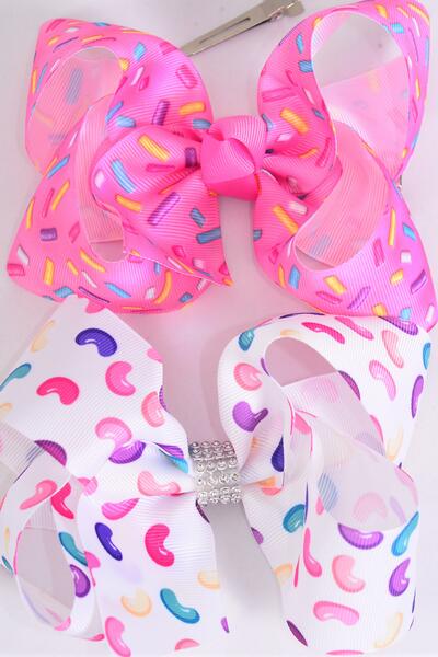 Hair Bow Jumbo Jelly Bean Sprinkles Mix Grosgrain Bow-tie / 12 pcs Bow = Dozen  Alligator Clip , Size - 6" x 5" Wide , 6 of each Pattern Asst , Clip Strip & UPC Code