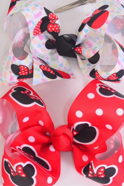 Hair Bow Jumbo Polka dots Mouse Ear Grosgrain Bow-tie / 12 pcs Bow = Dozen Alligator Clip , Size - 6" x 5" Wide , 6 Of Each Pattern Asst , Clip Strip & UPC Code